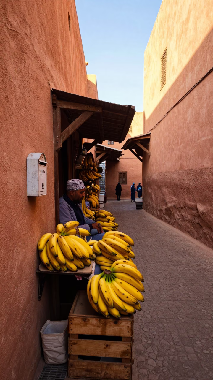 Sunlit Marrakech Souk Alley with Bananas and Traditional Stalls in in Marrakech, Morocco
