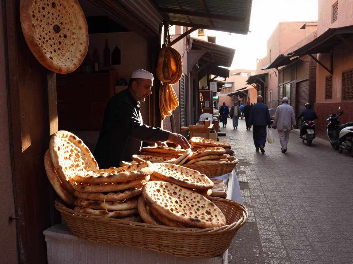 Sunlit Marrakech Souk Stall with Bread Basket and Local Commerce in in Marrakech, Morocco