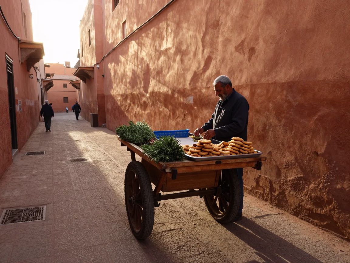 Sunlit Marrakech Street Scene with Rosemary and Date Cookies in in Marrakech, Morocco