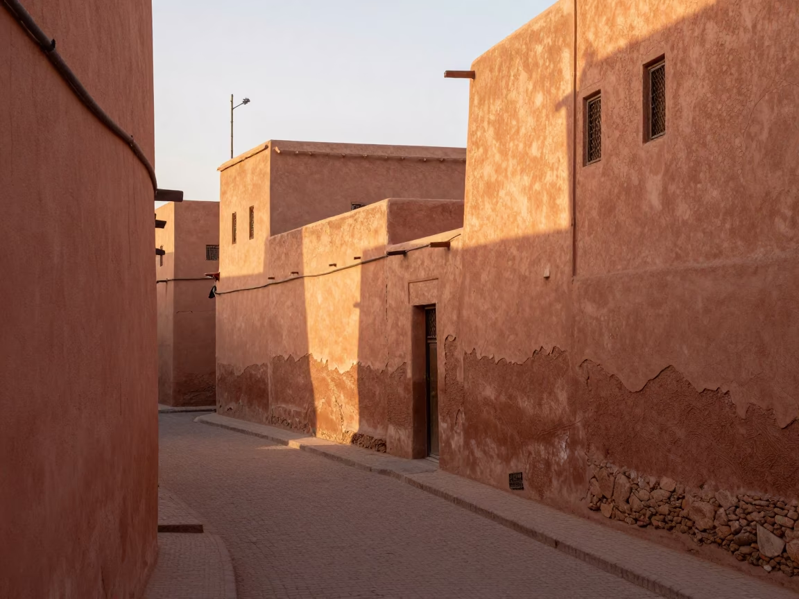 Sunlit Marrakech Street Scene with Traditional Clay Walls and Local Vendor in in Marrakech, Morocco