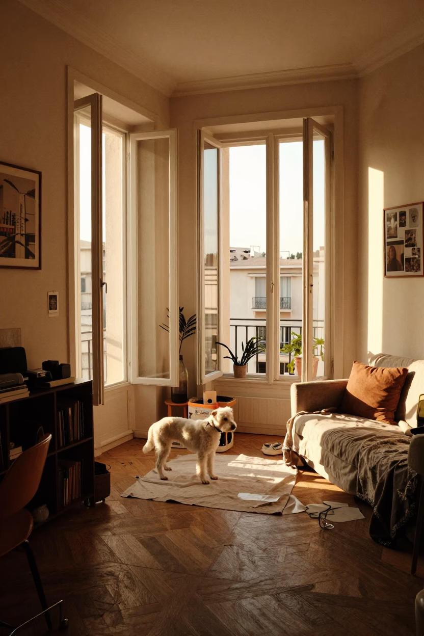 Sunlit Marseille Apartment Interior with White Dog and Linen Curtains in in Marseille, France