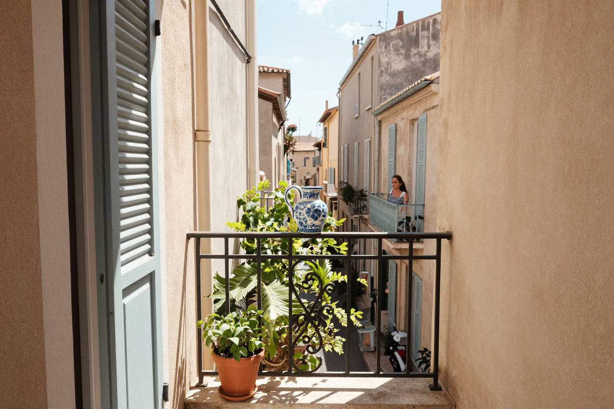 Sunlit Marseille Balcony With Blue Floral Porcelain And Garden Tools in in Marseille, France