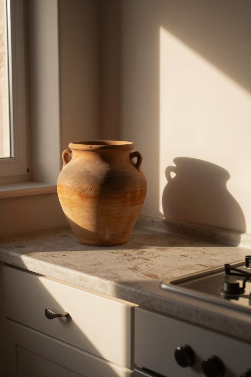 Sunlit Marseille Kitchen Counter With Rustic Clay Pot And Woven Textile in in Marseille, France
