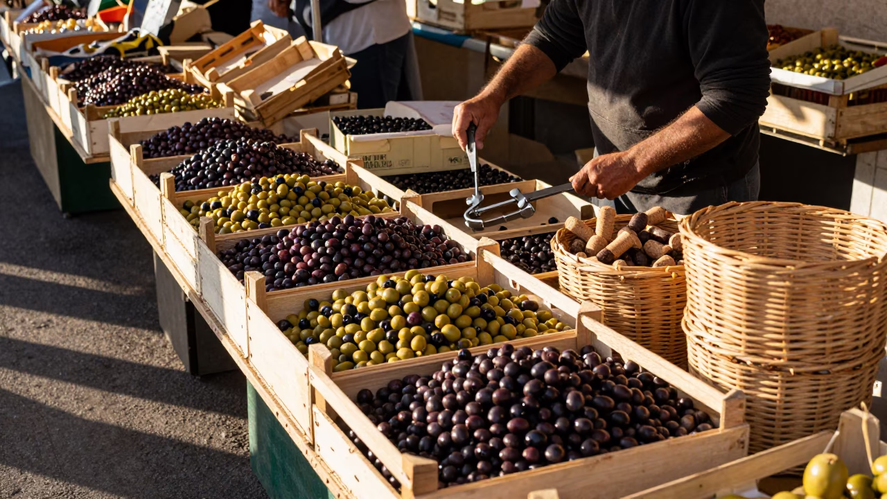 Sunlit Marseille Market Stall with Olives and Corkscrews Near Old Port in in Marseille, France