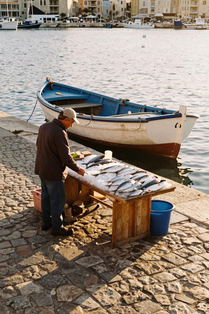 Sunlit Marseille Old Port Scene with Fishmonger and Traditional Boat at Dawn in in Marseille, France