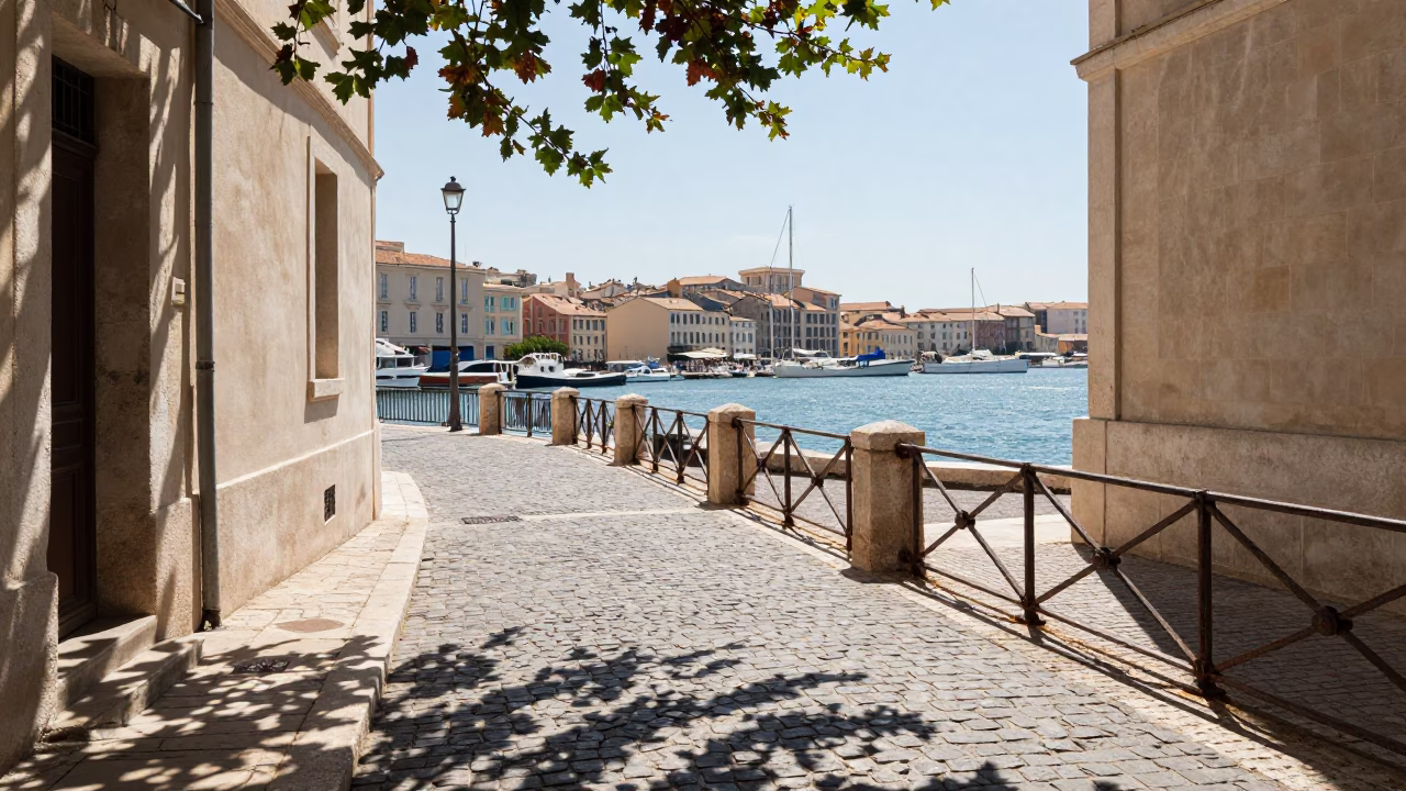Sunlit Marseille Old Port Street Scene with Leaf Shadows and Local Street Life in in Marseille, France