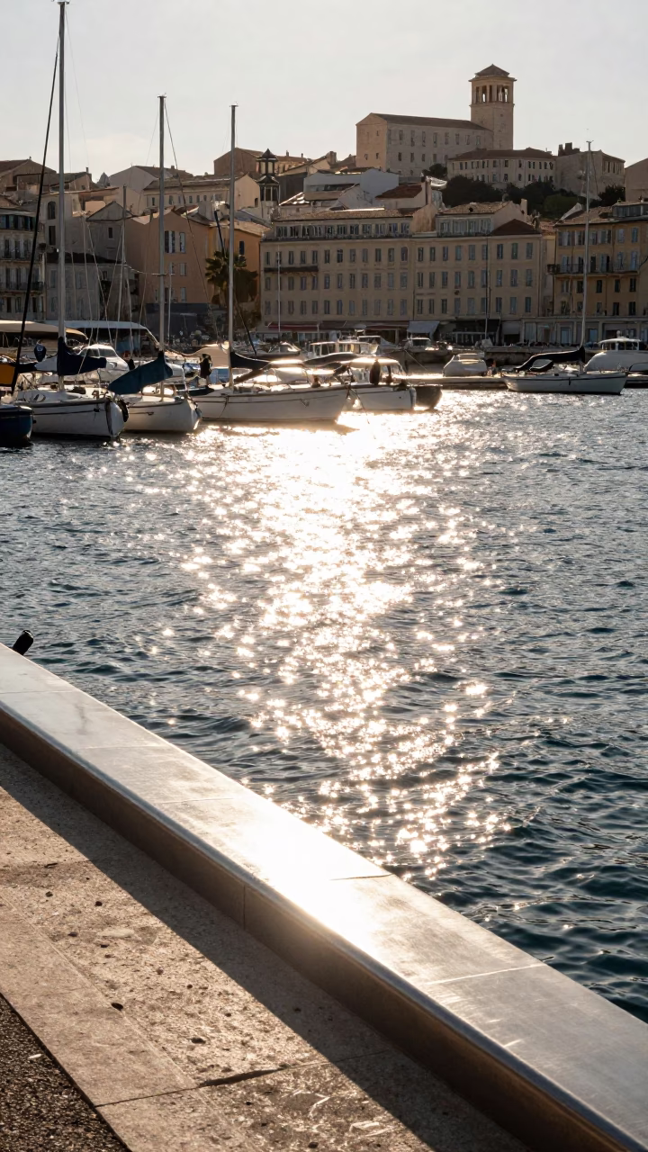Sunlit Marseille Port Scene with Brushed Steel Edge and Grilled Fish on Banana Leaf in in Marseille, France