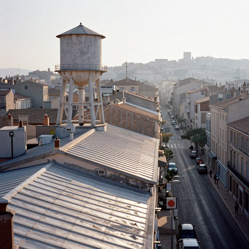 Sunlit Marseille Rooftop Water Tower and Street Scene at Dawn in in Marseille, France