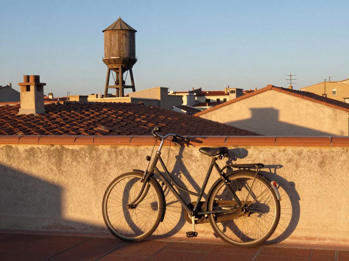 Sunlit Marseille Rooftop with Vintage Bicycle and Water Tower at Sunrise in in Marseille, France