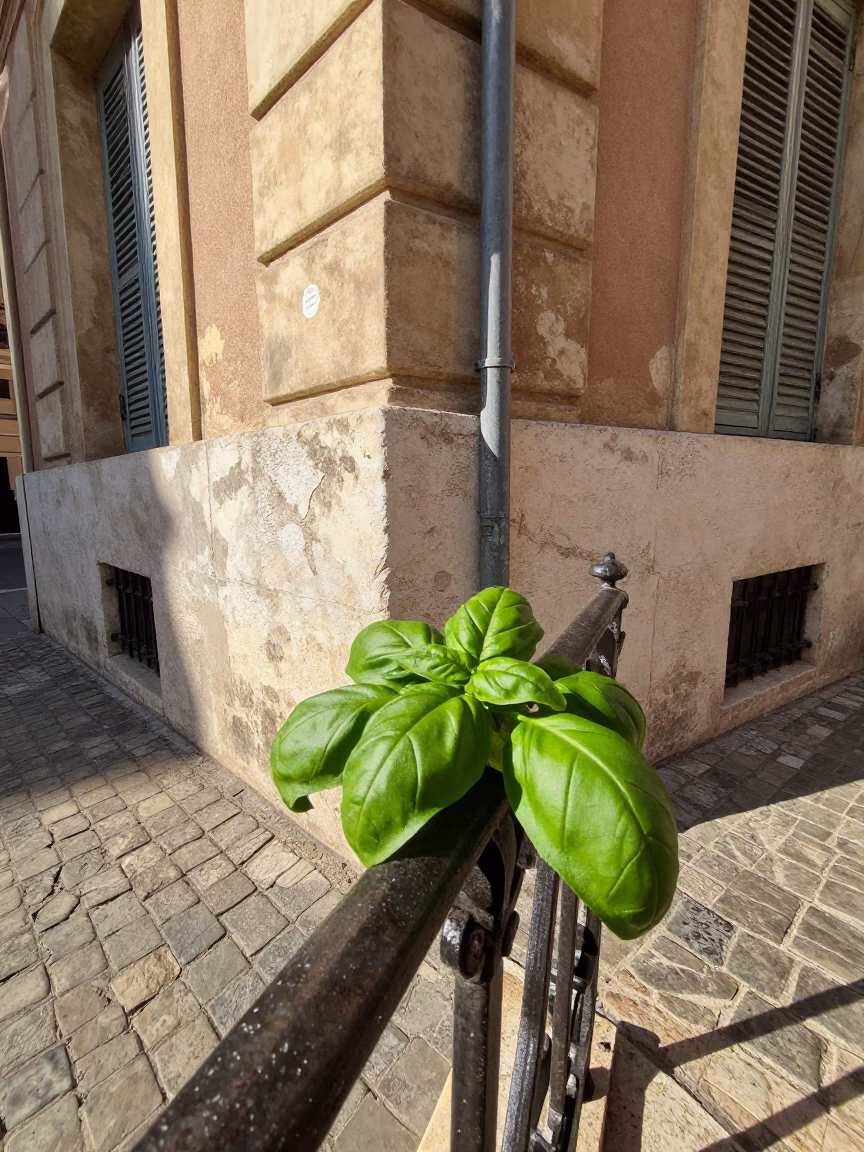 Sunlit Marseille Street Corner with Basil Leaves and Vintage Bicycle Rack in in Marseille, France