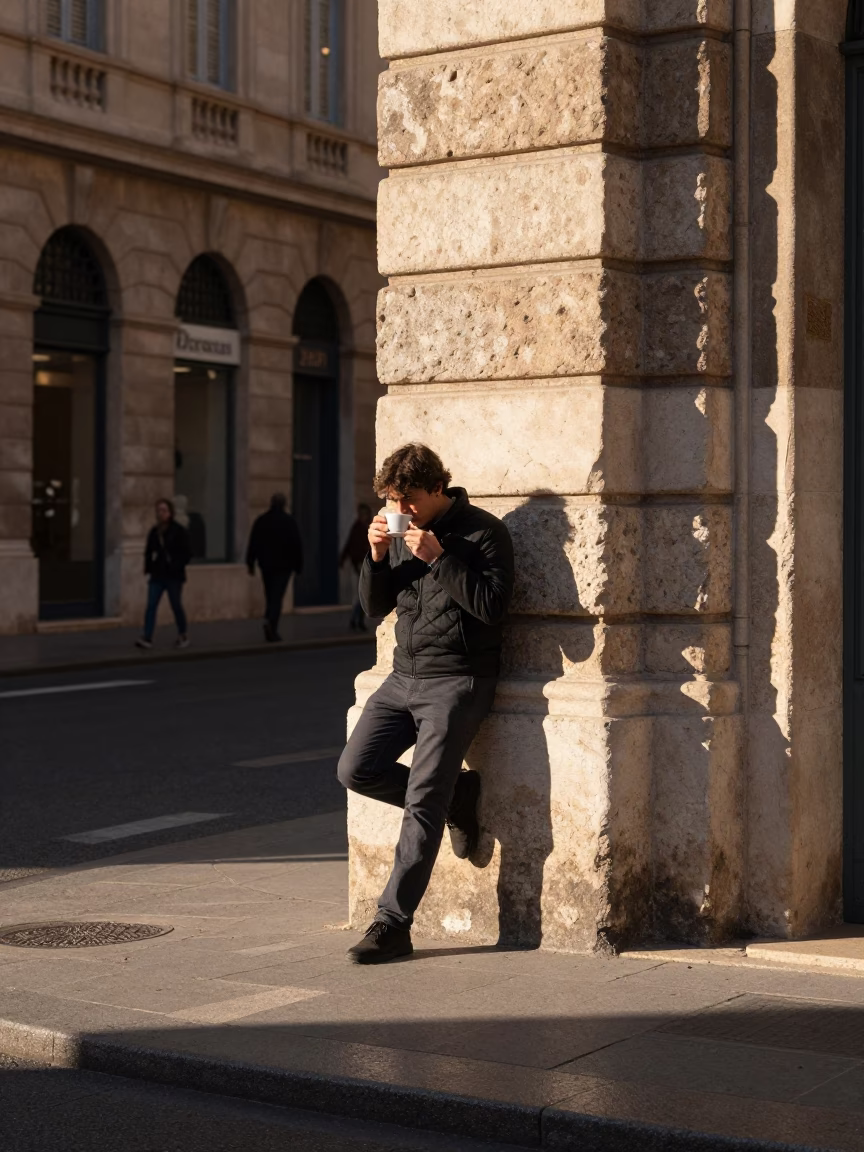 Sunlit Marseille Street Corner with Coffee Cupper Tasting from Silver Spoon in in Marseille, France