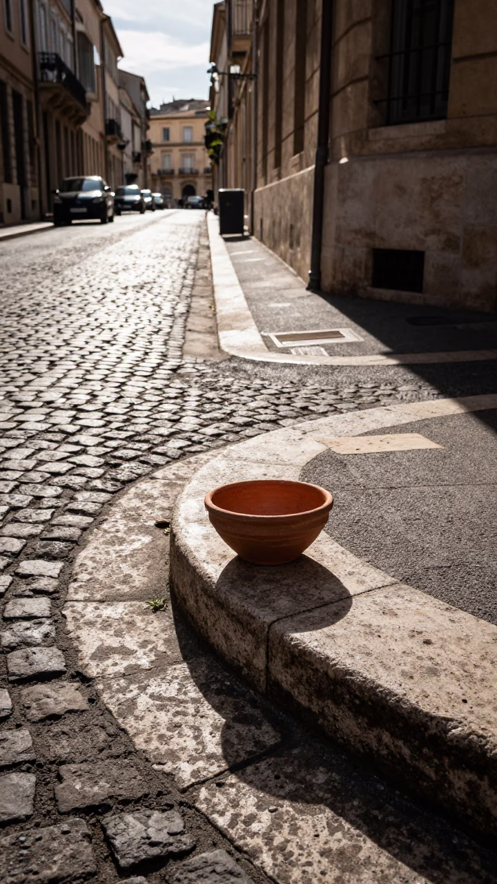 Sunlit Marseille Street Corner with Terracotta Bowl and Black Cat in in Marseille, France