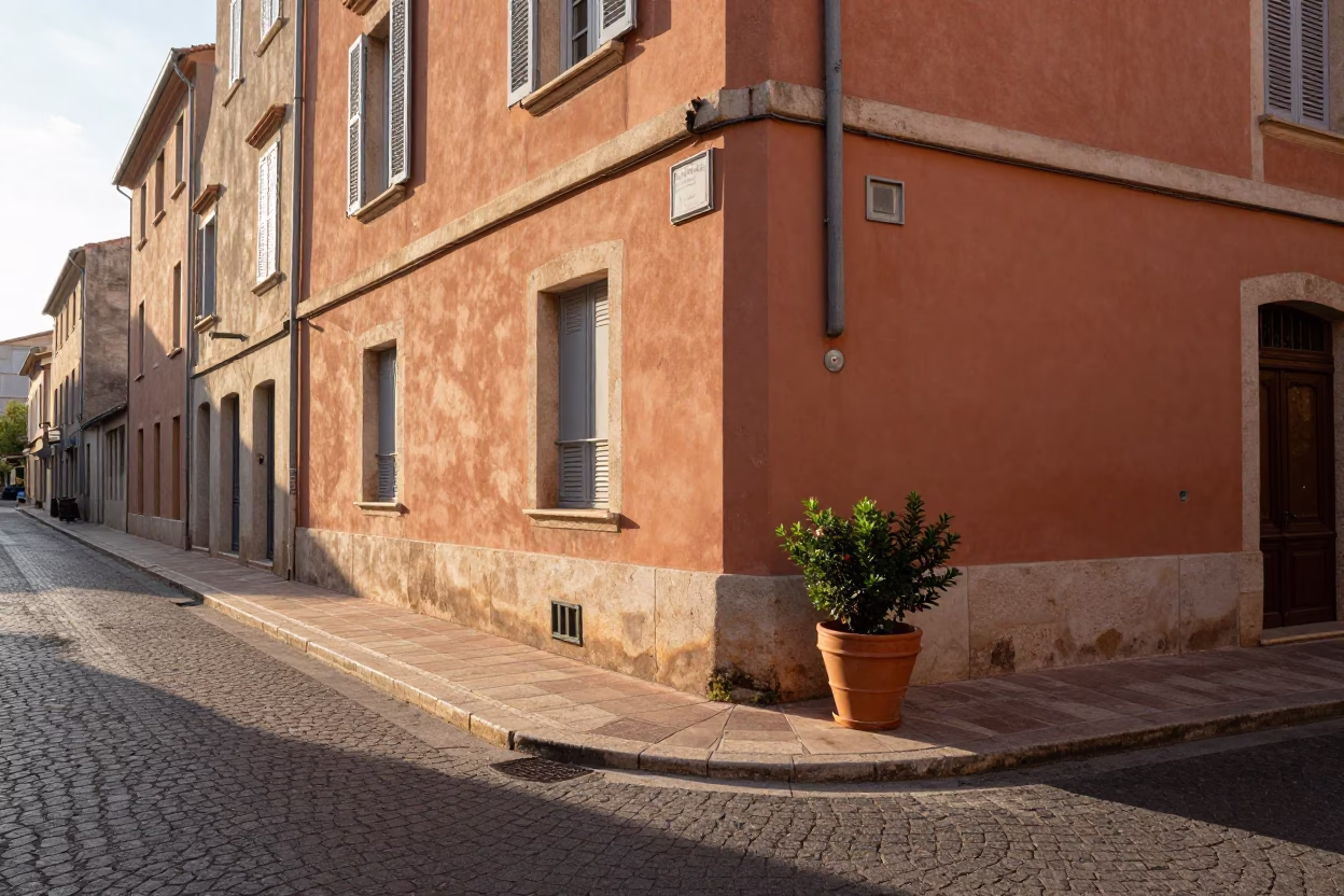 Sunlit Marseille Street Corner with Terracotta Pot and Morning Light in in Marseille, France