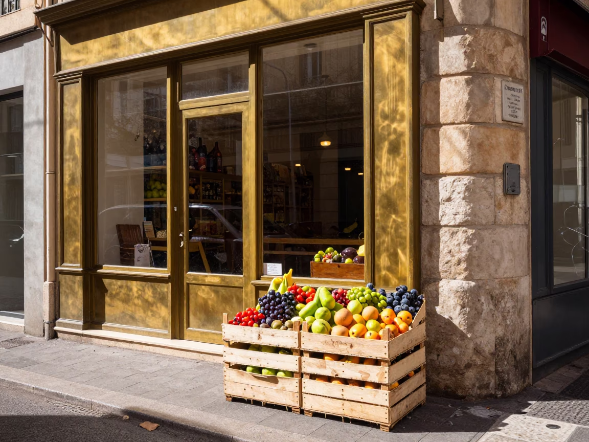 Sunlit Marseille Street Corner with Wooden Fruit Crate and Local Market Goods in in Marseille, France