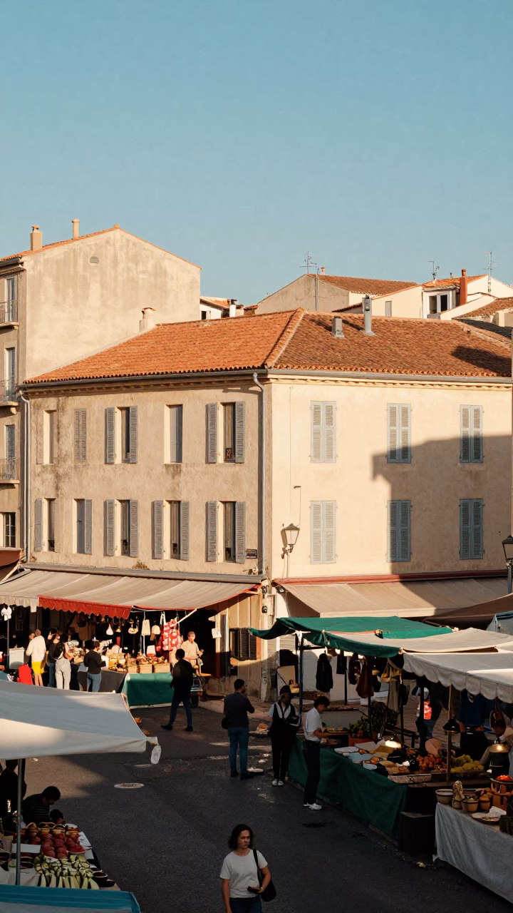 Sunlit Marseille Street Scene with Colorful Market Stalls and Local Pedestrians in in Marseille, France