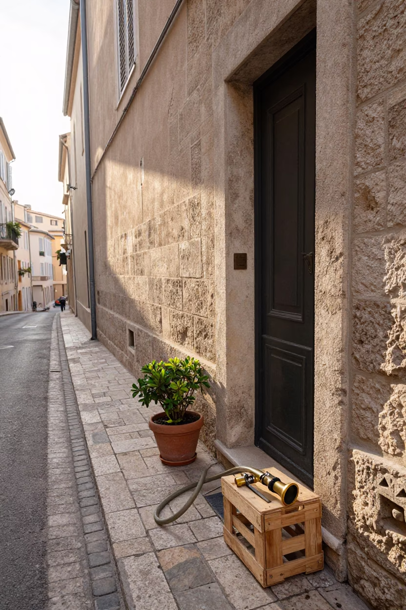 Sunlit Marseille Street Scene with Hose Nozzle and Potted Plants Near Old Port in in Marseille, France