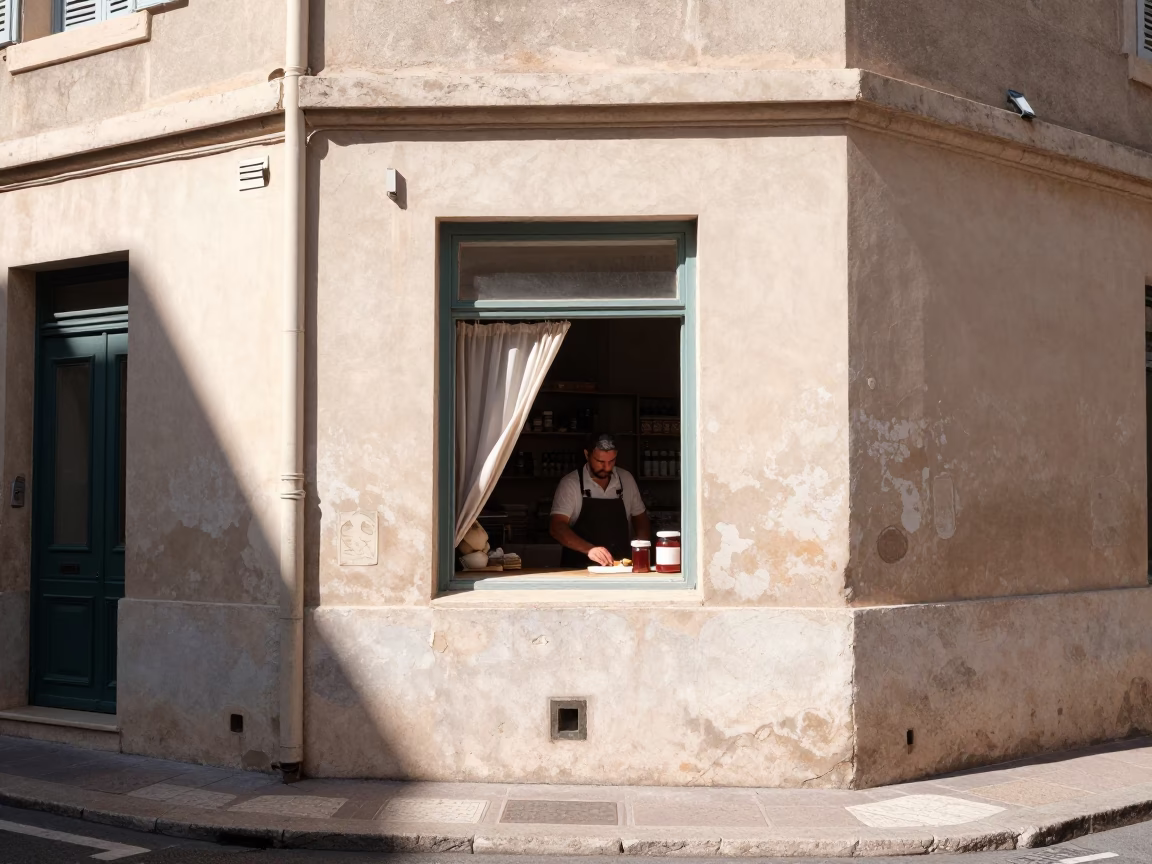 Sunlit Marseille Street Scene with Local Baker and Vintage Elements in in Marseille, France
