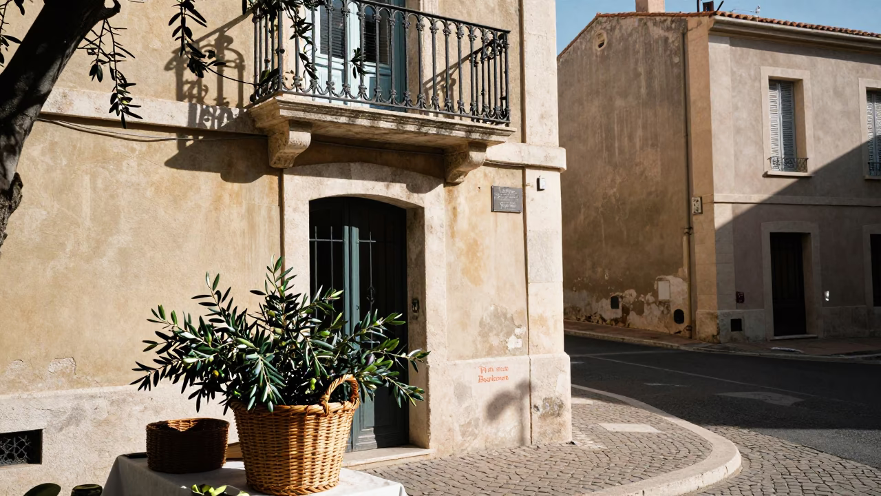 Sunlit Marseille Street Scene with Olive Branch and Vintage Details in in Marseille, France