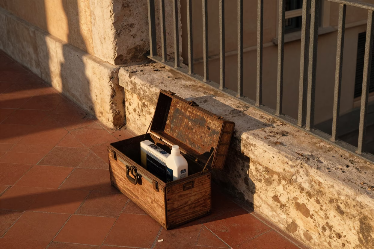Sunlit Marseille Street Scene with Toolbox and Soap Bottle on Balcony in in Marseille, France