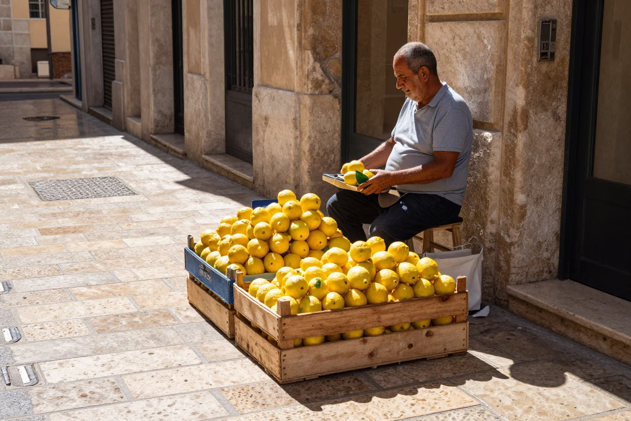 Sunlit Marseille Street Scene with Vendor Selling Fresh Lemons at Midday in in Marseille, France