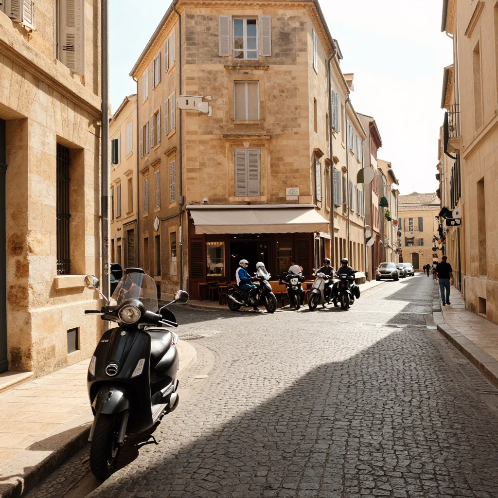 Sunlit Marseille Street Scene with Vintage Motorcycle and Local Life in in Marseille, France