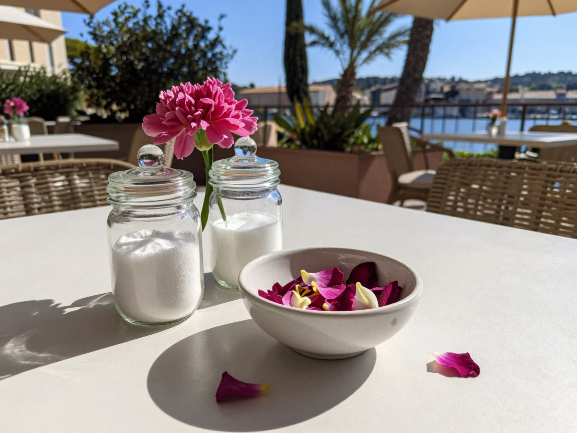 Sunlit Marseille Terrace Breakfast with Glass Jars and Flower Petals in in Marseille, France