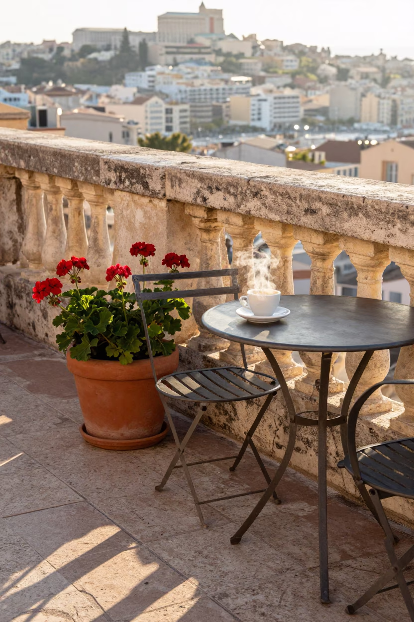 Sunlit Marseille Terrace With Potted Geraniums And Morning Coffee in in Marseille, France