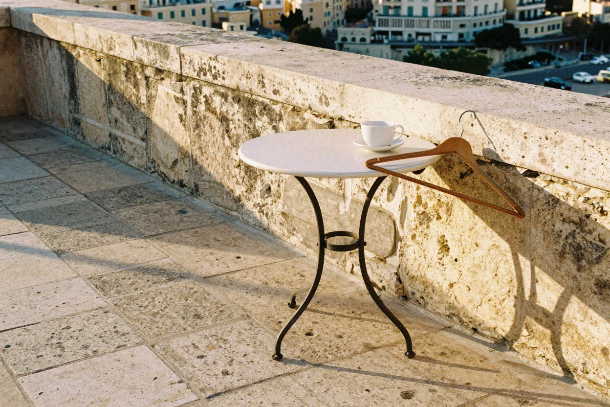 Sunlit Marseille Terrace with Vintage Shirt Hanger and Tea Stains in in Marseille, France