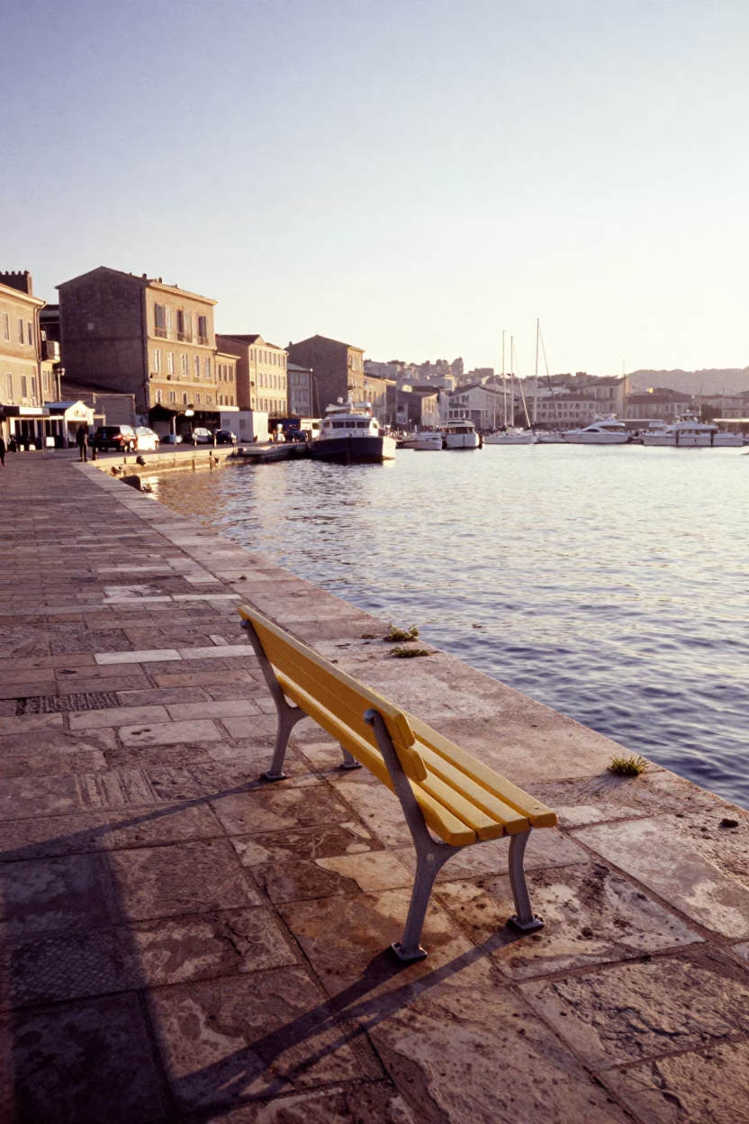 Sunlit Marseille Vieux-Port Morning with Yellow Bench and Harbor Water in in Marseille, France