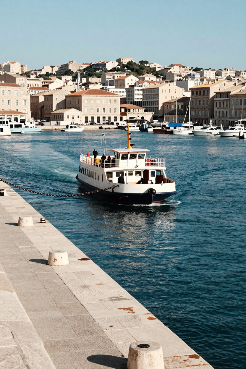 Sunlit Marseille Vieux Port Scene with Chain Ferry Crossing and Fishing Boats in in Marseille, France