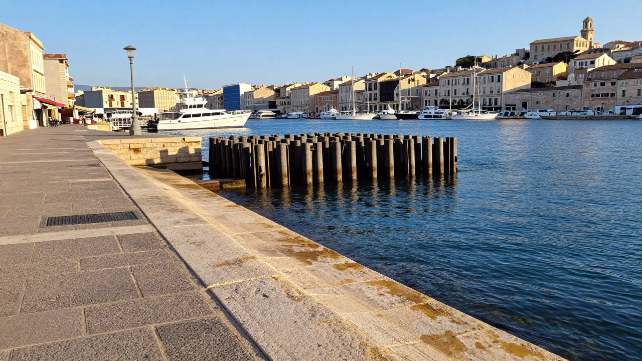 Sunlit Marseille Vieux Port with Ferry Ramp Piling and Rowboat on Pebble Beach in in Marseille, France