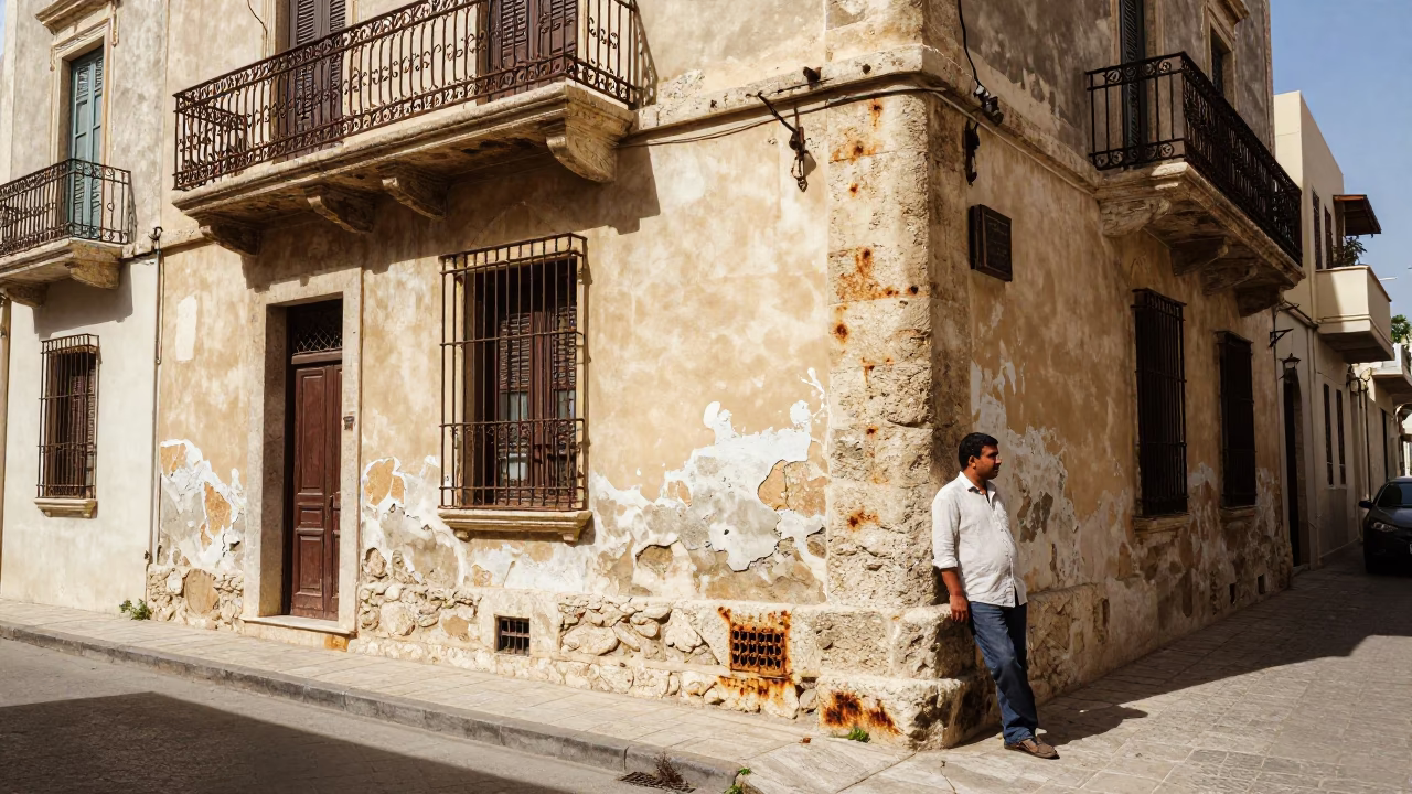 Sunlit Mediterranean Street Corner in Alexandria Egypt with Rusty Metal Details in in Alexandria, Egypt