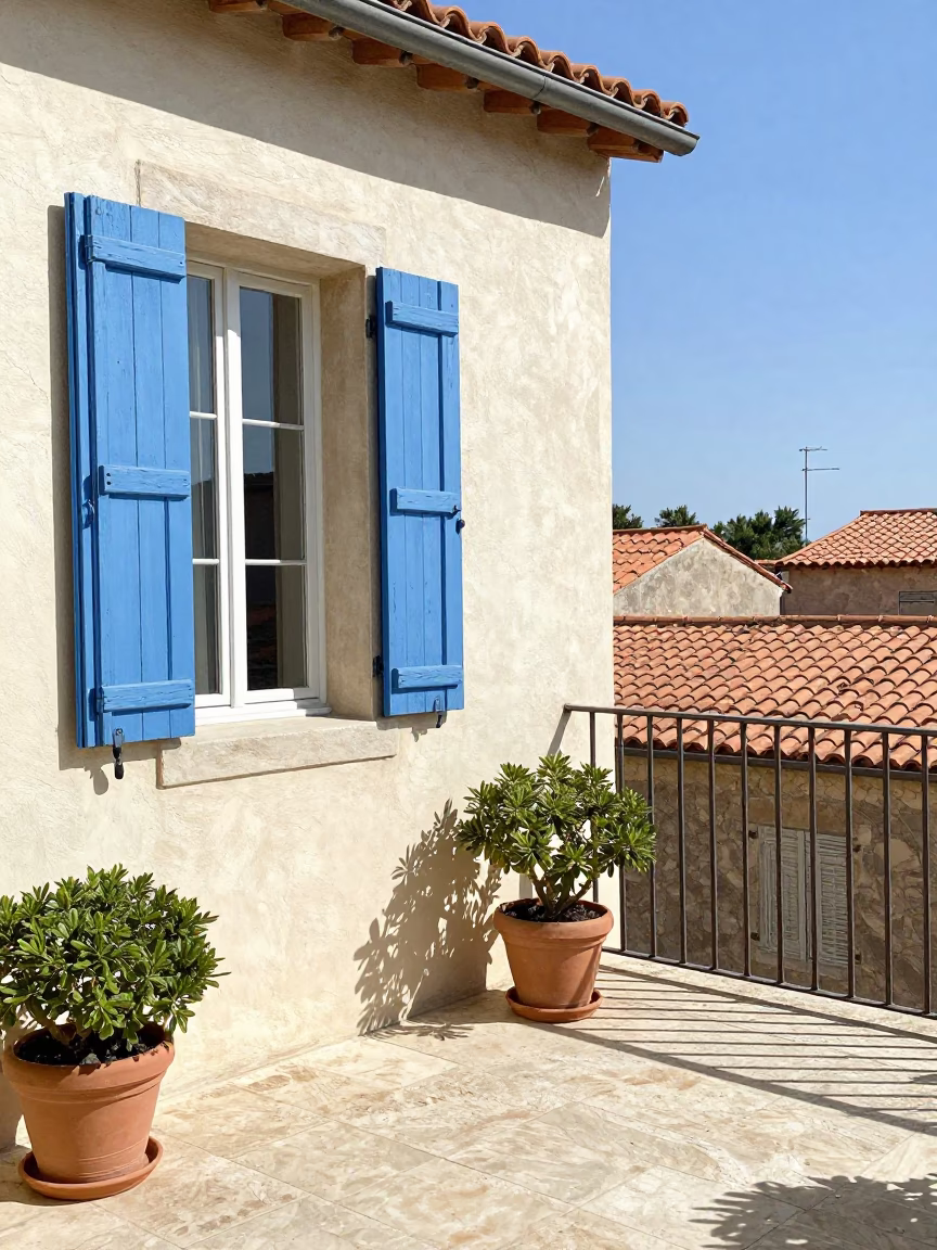 Sunlit Mediterranean Terrace with Blue Shutters and Potted Herbs in Nice in in Nice, France