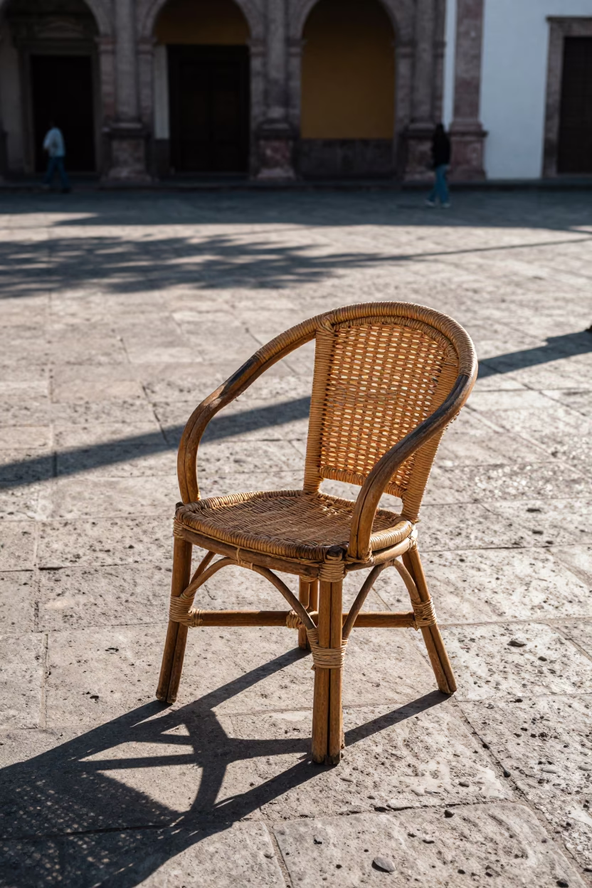 Sunlit Merida Plaza Street Scene with Rattan Chair and Squash Blossoms in Late Morning in in Merida, Mexico