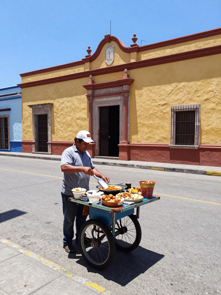 Sunlit Merida Street Corner with Trowel and Local Vendor in in Merida, Mexico
