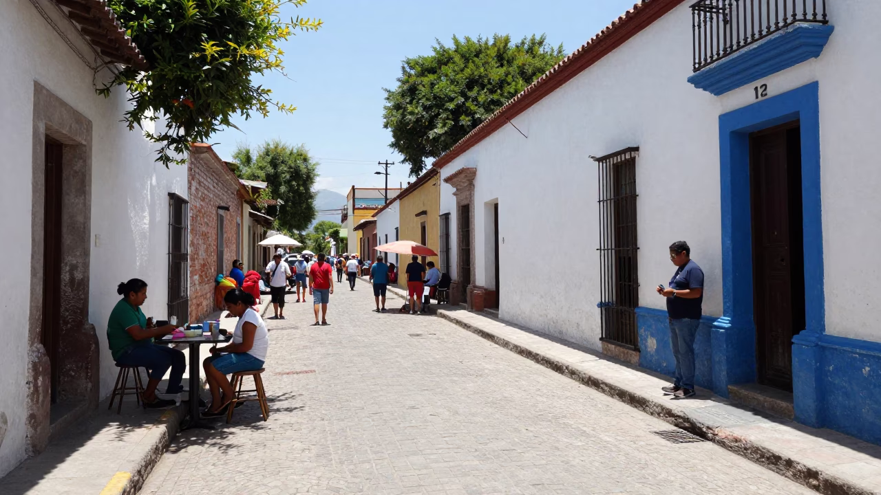 Sunlit Merida Street Scene with Glass Tumbler and Local Market Activity in in Merida, Mexico