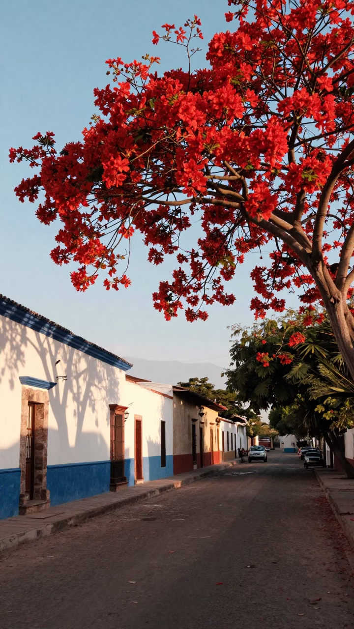 Sunlit Merida Street Scene with Vibrant Flame Tree and Vintage Car in in Merida, Mexico