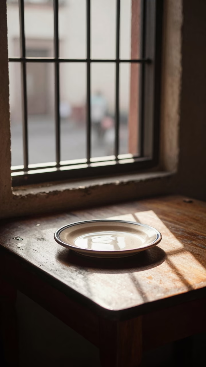 Sunlit Mexican Kitchen Scene with Ceramic Plate and Dusty Cabinet in Mexico City in in Mexico City, Mexico