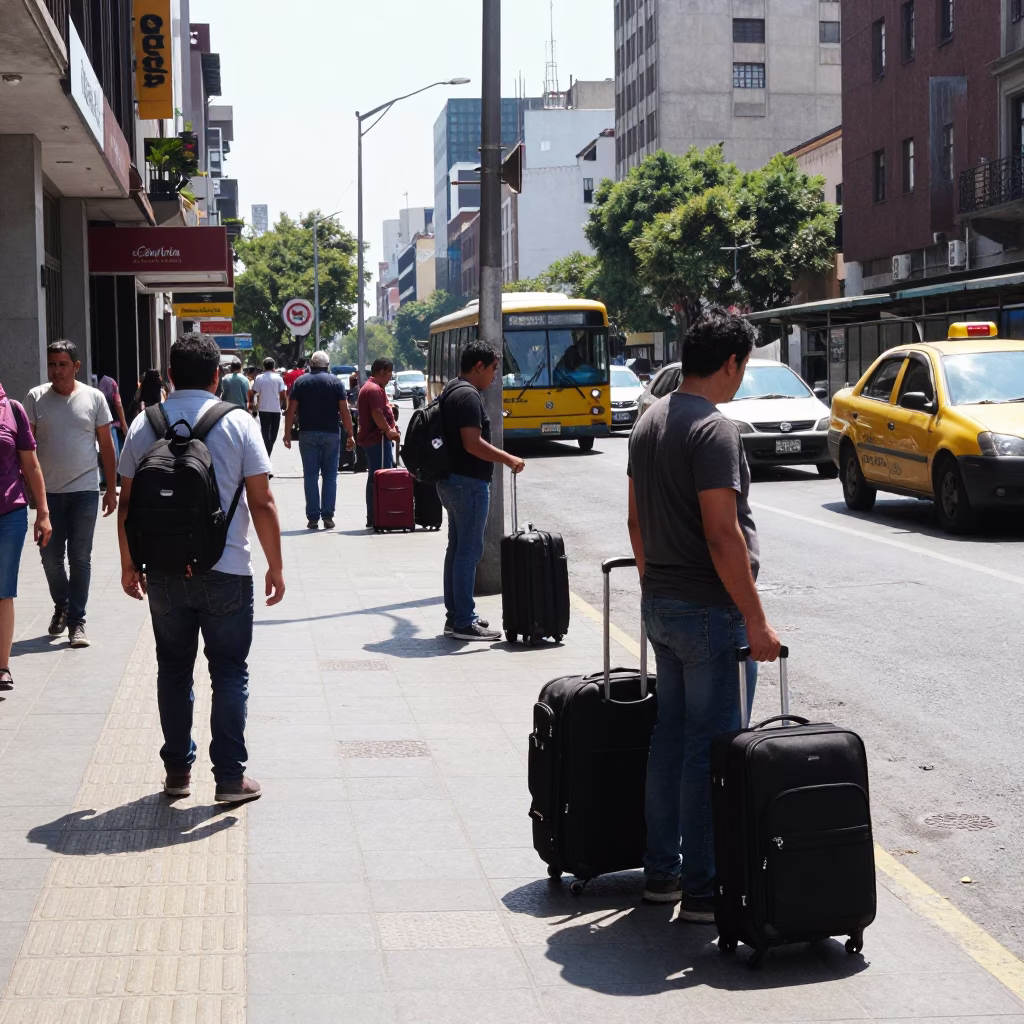 Sunlit Mexico City Street Scene with Suitcases and Urban Life at Noon in in Mexico City, Mexico