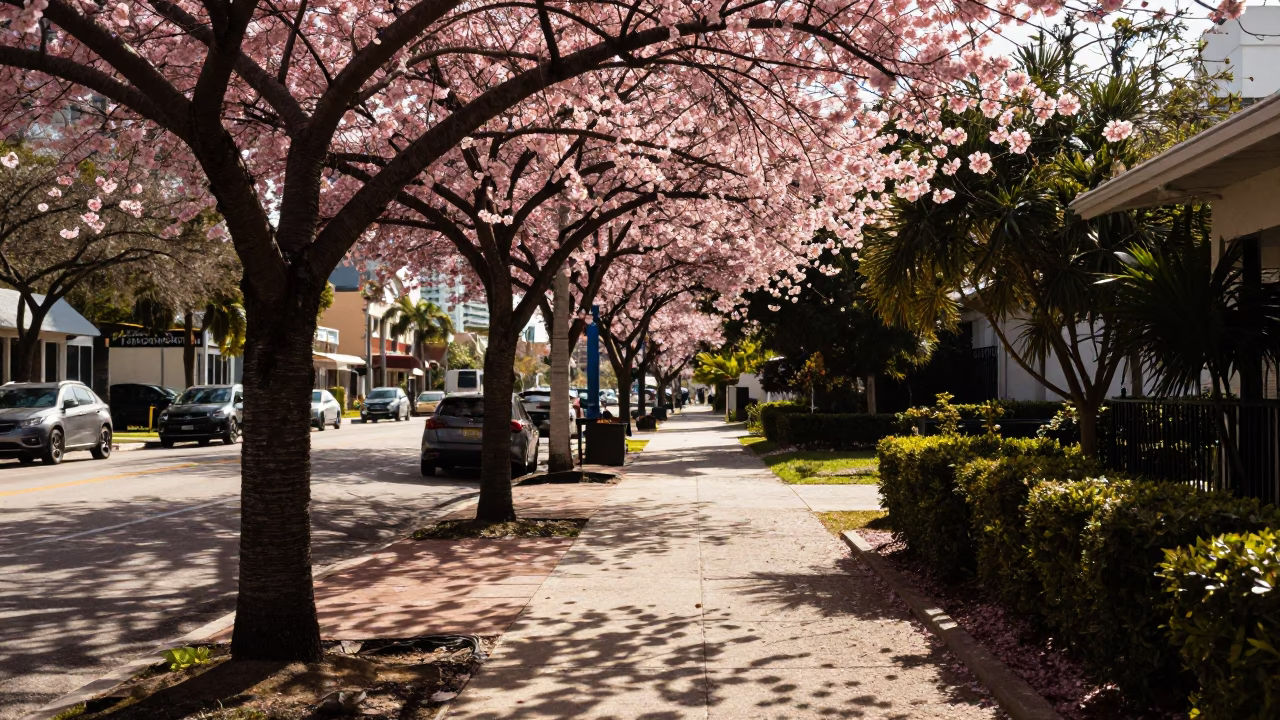 Sunlit Miami Street Scene with Cherry Trees and Urban Architecture in in Miami, Florida, United States