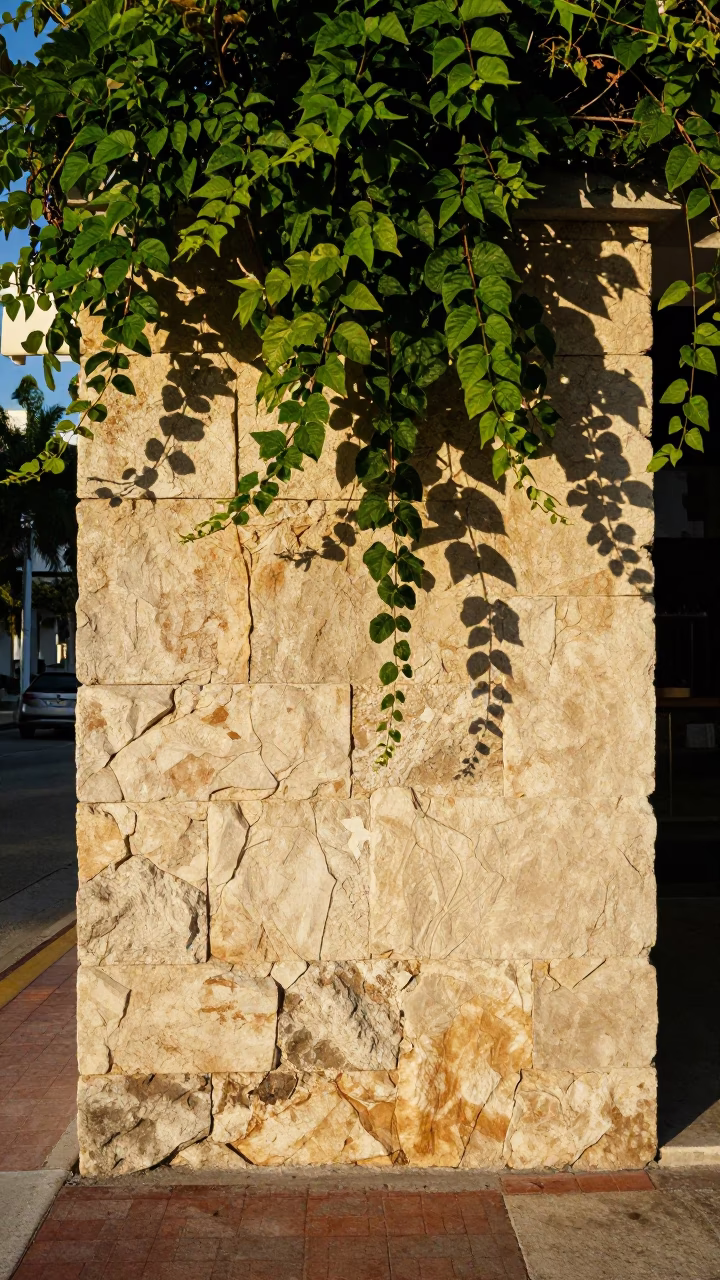 Sunlit Miami Street Scene with Sun-Warmed Stone Wall and Lush Greenery in in Miami, Florida, United States