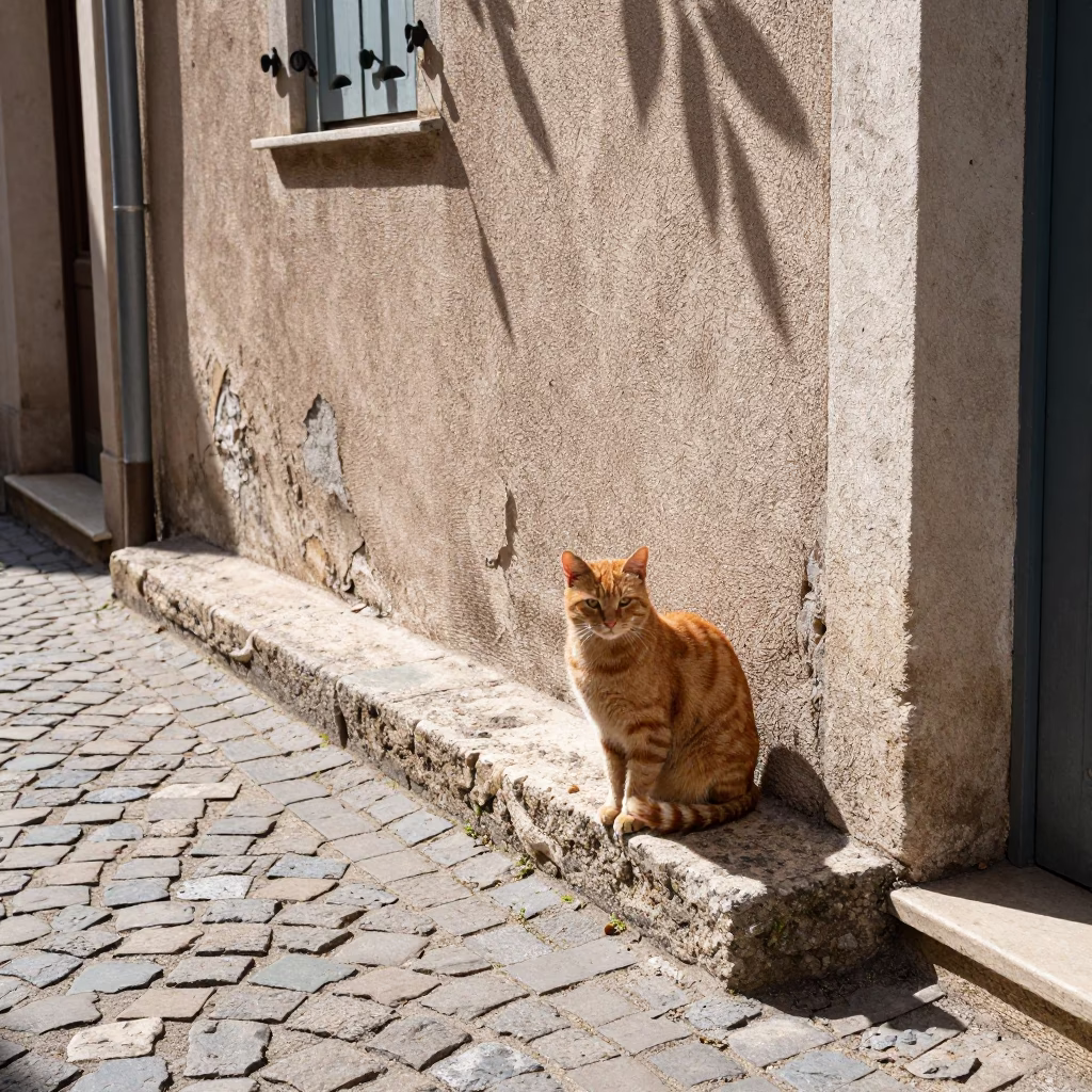 Sunlit Midday Street Scene in Nice France with Orange Cat and Vanilla Orchid in in Nice, France