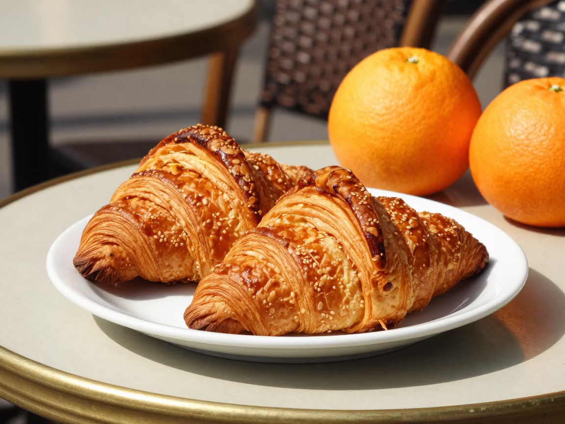 Sunlit Milan Cafe Table with Fresh Croissants and Oranges in Early Afternoon in in Milan, Italy