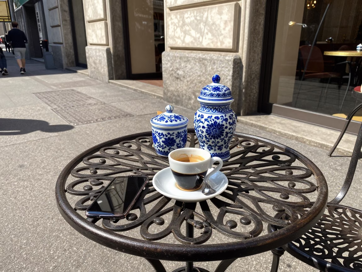 Sunlit Milan Cafe Terrace with Blue Porcelain and Canisters in in Milan, Italy