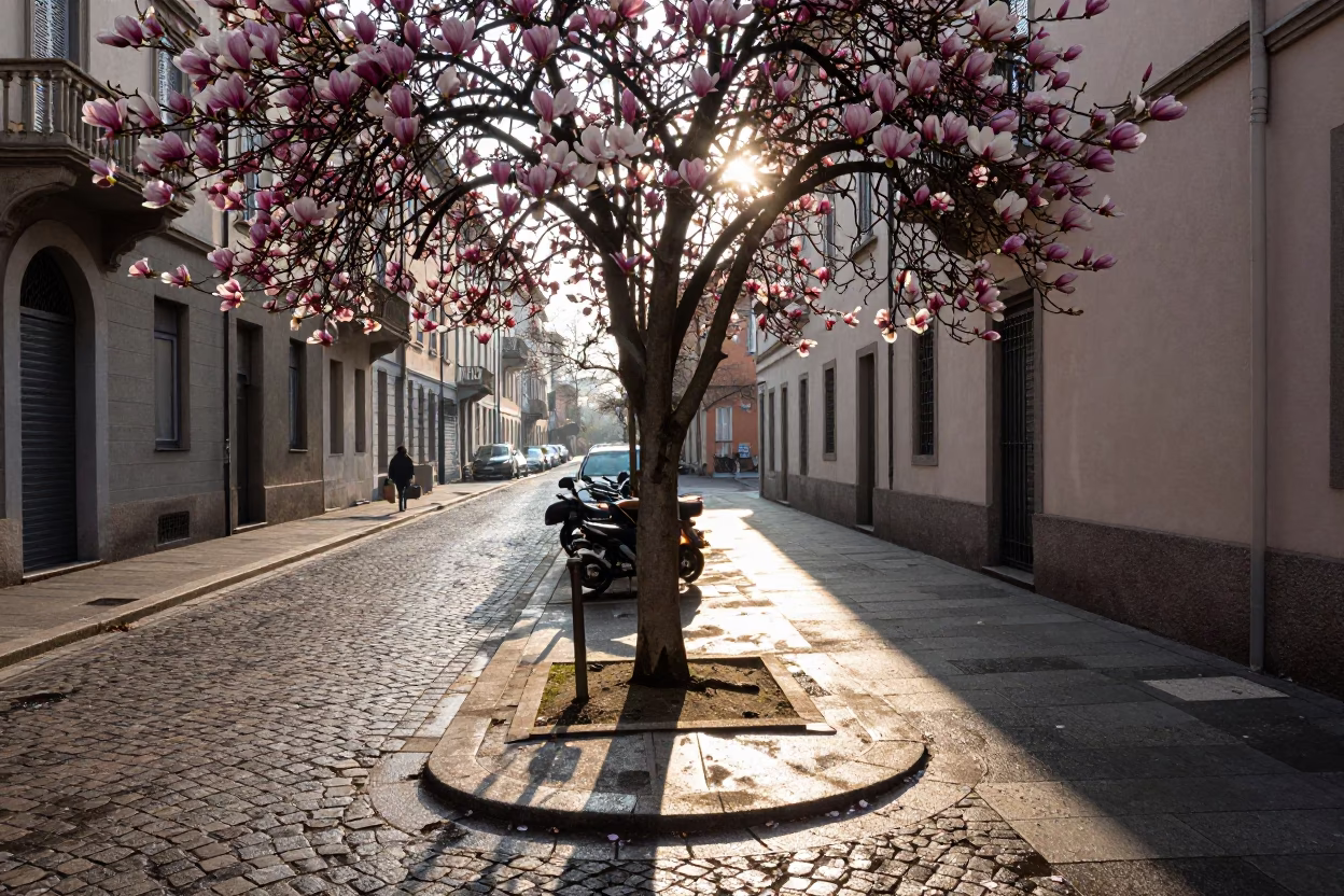 Sunlit Milan Street Corner with Magnolia Bloom and Vintage Architecture in in Milan, Italy