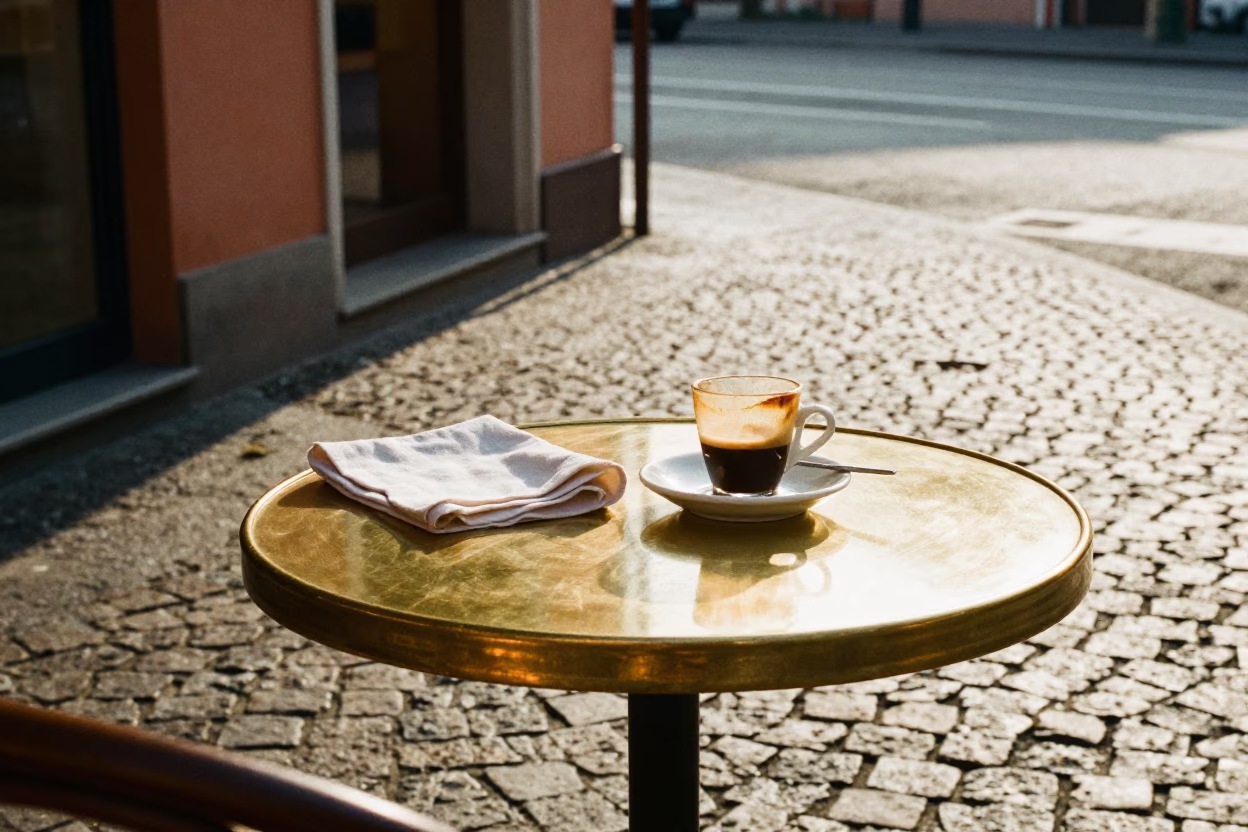 Sunlit Milan Street Scene with Polished Brass Tabletop and Linen Napkin in in Milan, Italy