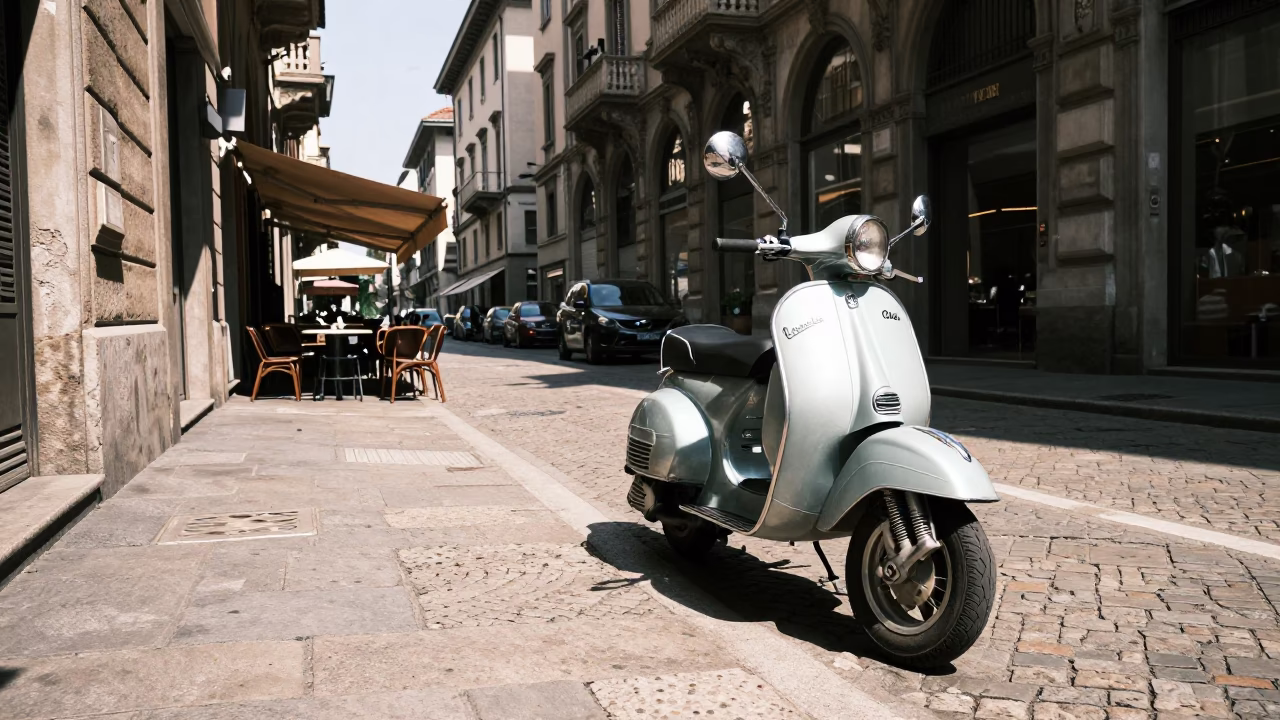 Sunlit Milan Street Scene with Vintage Scooter and Cafe Window Reflections in in Milan, Italy