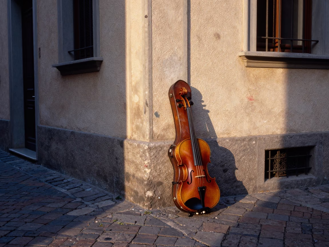 Sunlit Milanese Alleyway with Vintage Violin and Paint Flecks on Weathered Facade in in Milan, Italy