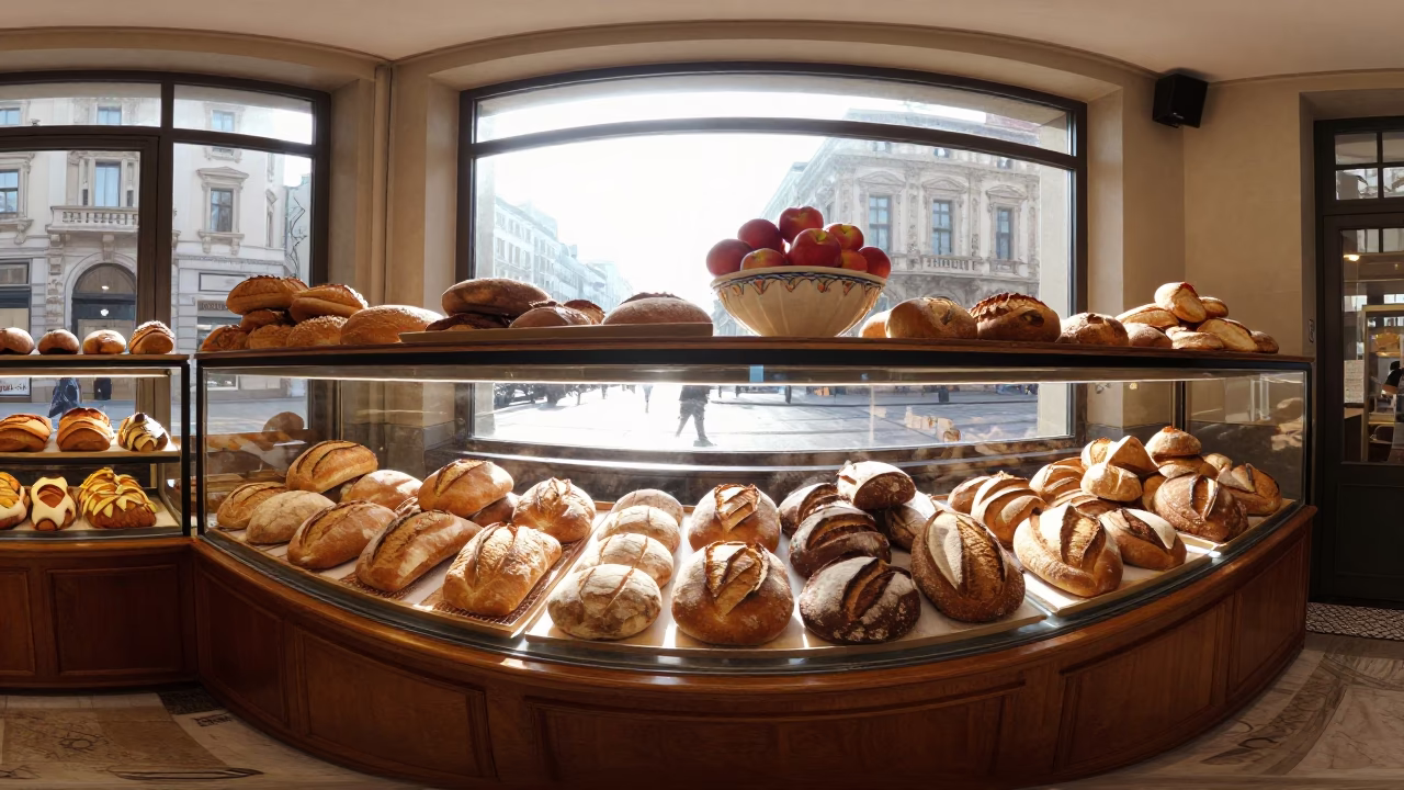 Sunlit Milanese Bakery Counter Displaying Fresh Bread and Fruit Bowl After Sunrise in in Milan, Italy