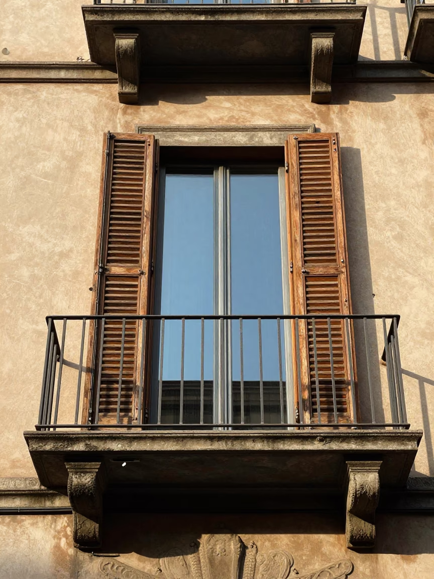 Sunlit Milanese Balcony Detail with Iron Deadbolt and Brushed Steel Window in in Milan, Italy